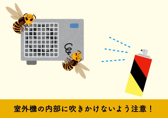 室外機周辺にいるスズメバチをスプレータイプの殺虫剤で駆除する